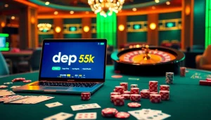 An engaging casino scene featuring high-stakes gaming elements highlighting depo 5k deposit options with luxurious poker chips and vibrant gaming tables.