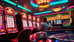 Experience the excitement of a mahjong slot demo with vibrant players in a lively casino setting, surrounded by colorful machines and engaging gameplay.