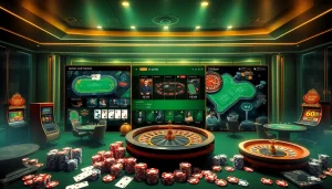 Gamer placing bets on i9bet.com with vibrant poker chips and dynamic slot machines.