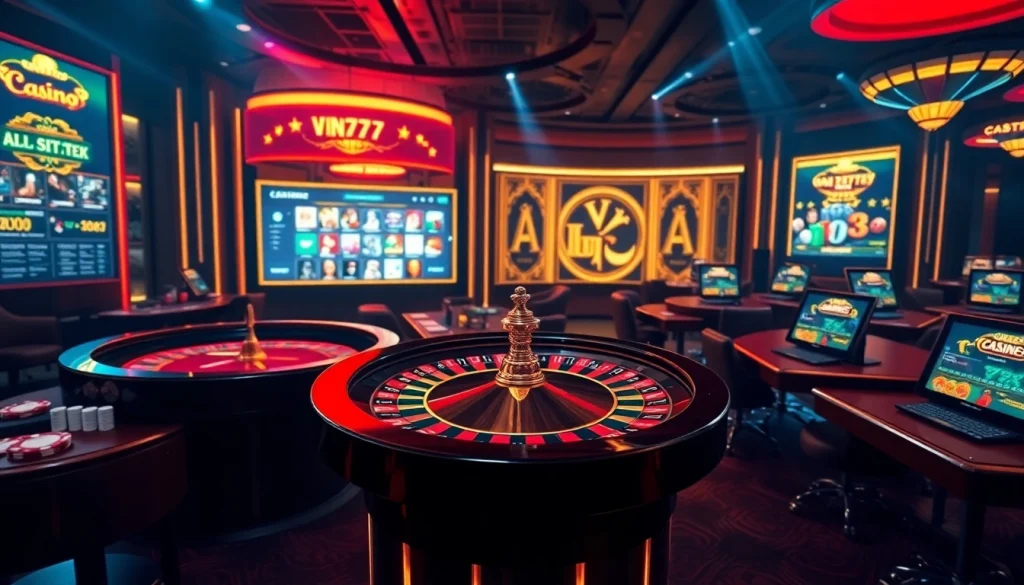 Experience thrilling gaming at vin777 with vibrant casino tables, poker chips, and online betting excitement.
