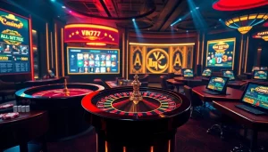 Experience thrilling gaming at vin777 with vibrant casino tables, poker chips, and online betting excitement.