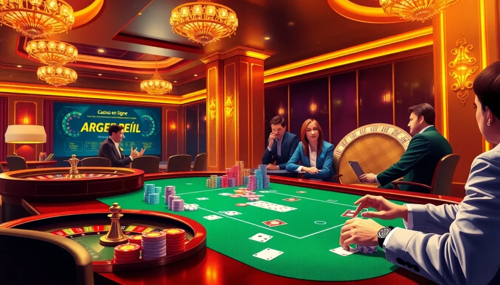 Joueurs engagés à une table de casino en ligne argent réel, mettant en valeur un jeu stratégique et de l'excitation.