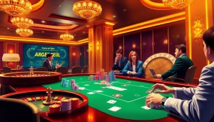 Joueurs engagés à une table de casino en ligne argent réel, mettant en valeur un jeu stratégique et de l'excitation.