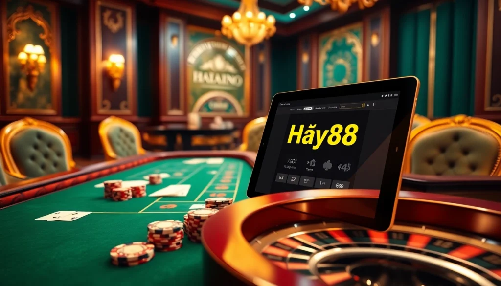 Experience the thrill of gambling at nhà cái Hay88 with poker chips and roulette in a luxurious casino.