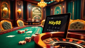 Experience the thrill of gambling at nhà cái Hay88 with poker chips and roulette in a luxurious casino.