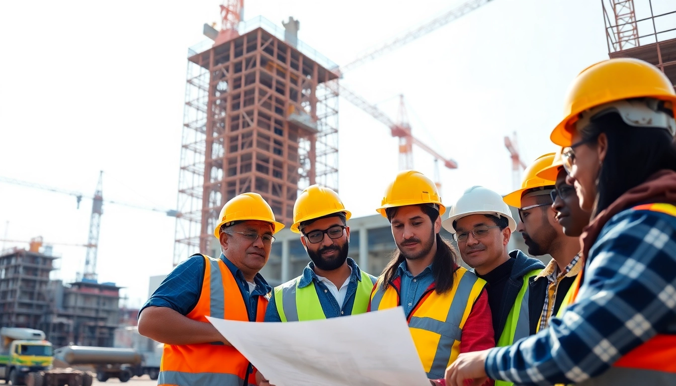 Construction association team collaborating on a project during a bright sunny day.