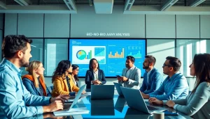 Team engaging in a Bid-No-Bid Analysis discussion with data visualization on display.