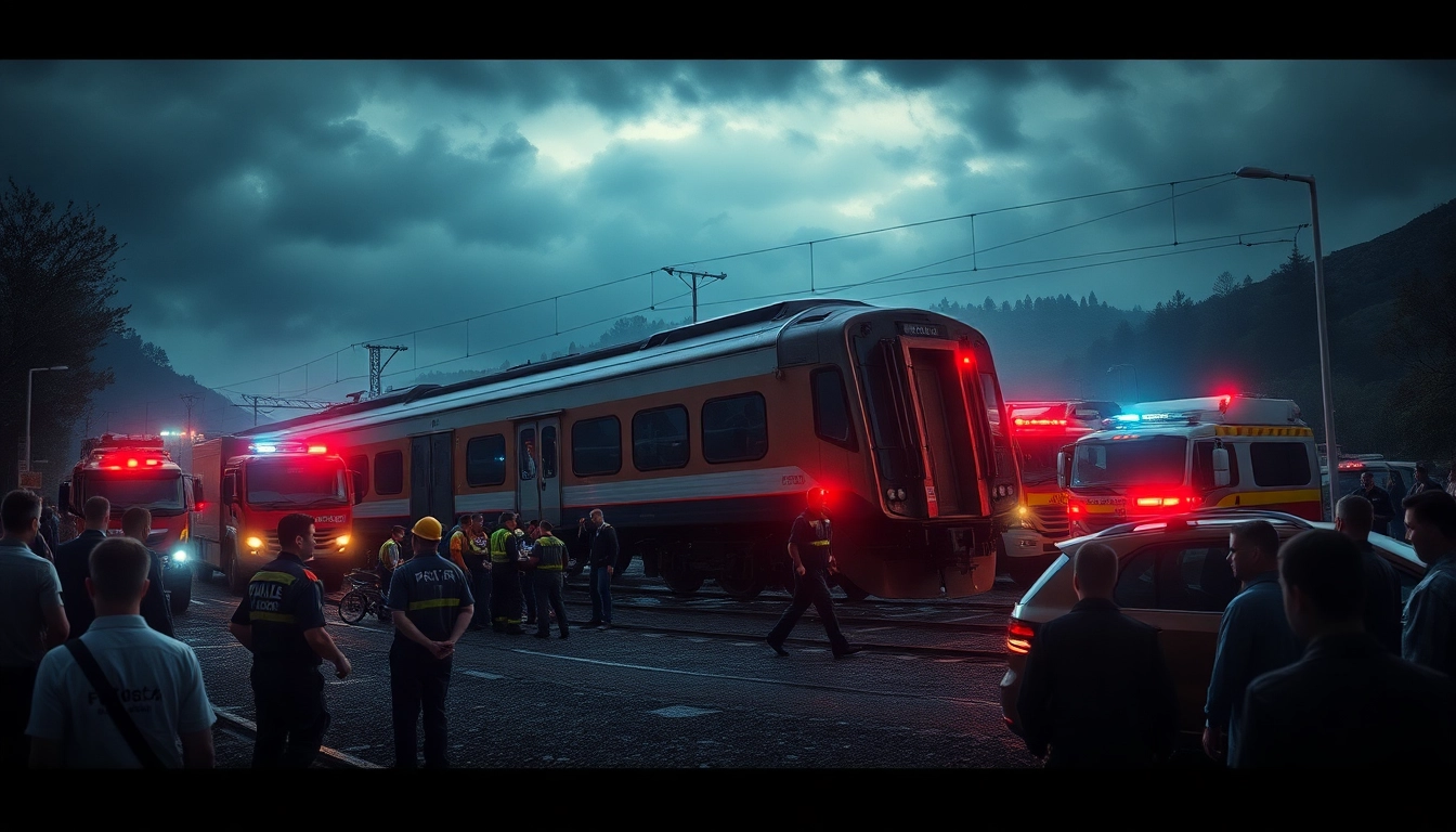 Emergency responders at the site of the Spain train crash scene, highlighting urgency and chaos.