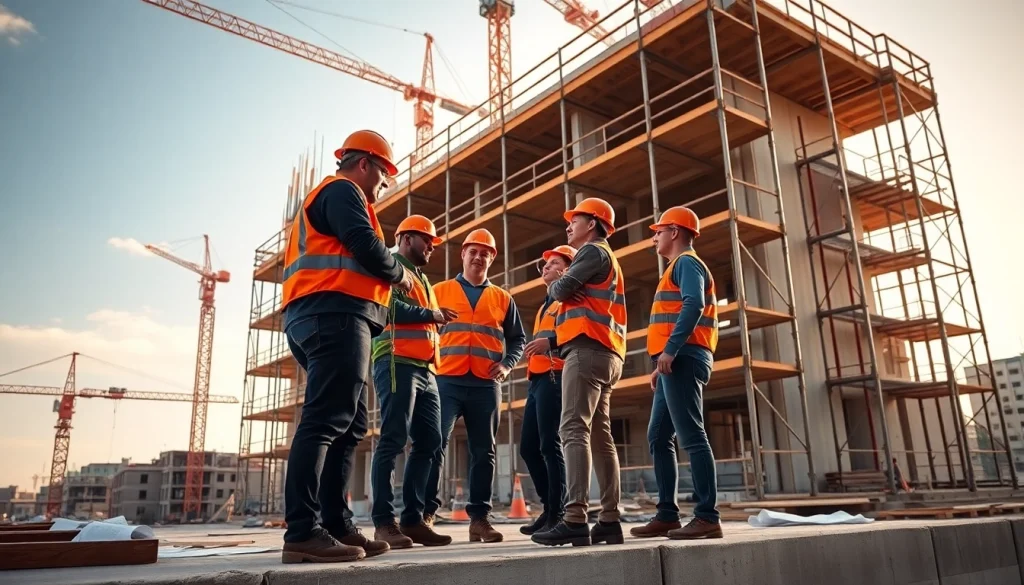 Construction workers actively collaborating on a building project at a bright construction site.