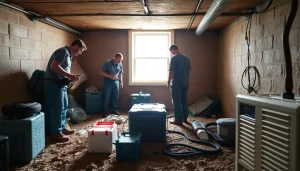 Crawl Space Restoration in a professional setting, highlighting technicians and repair tools as they assess moisture issues.