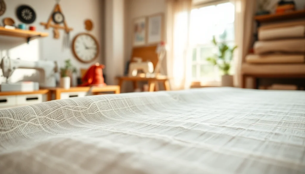 Zuiver linnen stof in een creatieve studio met natuurlijke lichtinval en rijke textuur.