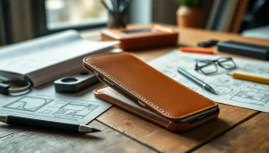 Schöne Handytasche Magnetverschluss mit edlem Design auf rustikalem Tisch präsentiert.