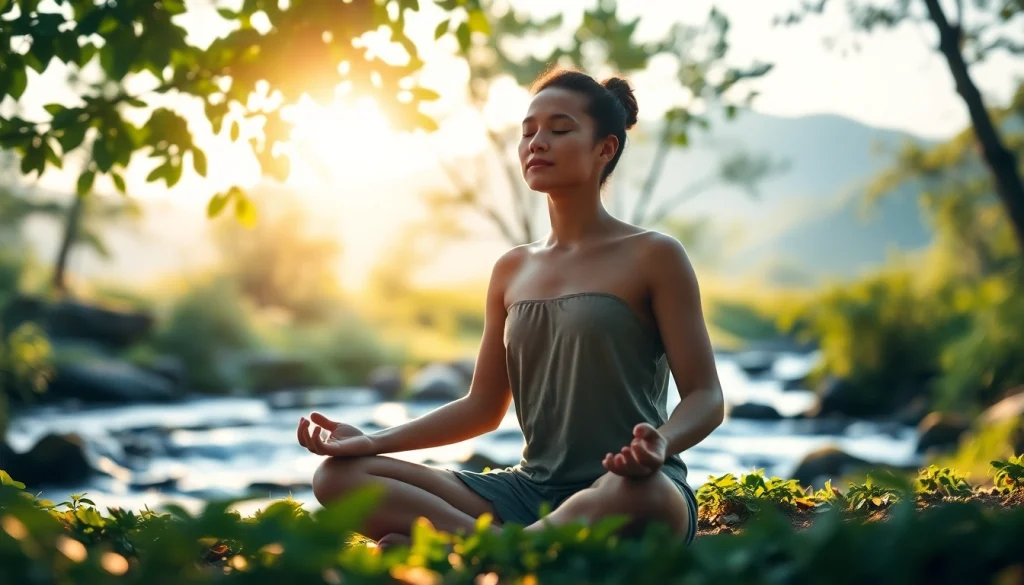 Anxiety symptoms illustrated by a person meditating peacefully outdoors amidst nature.