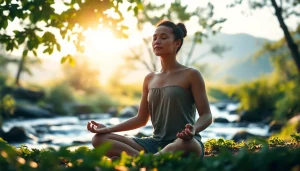 Anxiety symptoms illustrated by a person meditating peacefully outdoors amidst nature.