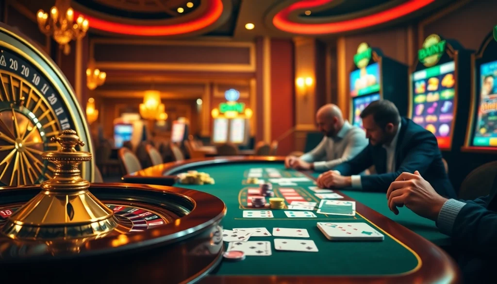 Table virtuelle excitante avec des éléments de casino en ligne argent réel mettant en avant des jetons de poker et une roulette.