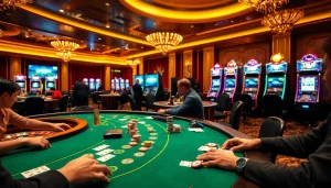 Participer à des jeux à enjeux élevés dans un casino en ligne argent réel de luxe avec des jetons de poker et une roulette en mouvement.