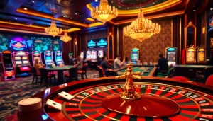 L'ambiance animée d'un casino en ligne argent réel avec des joueurs aux tables et des machines à sous vibrantes.
