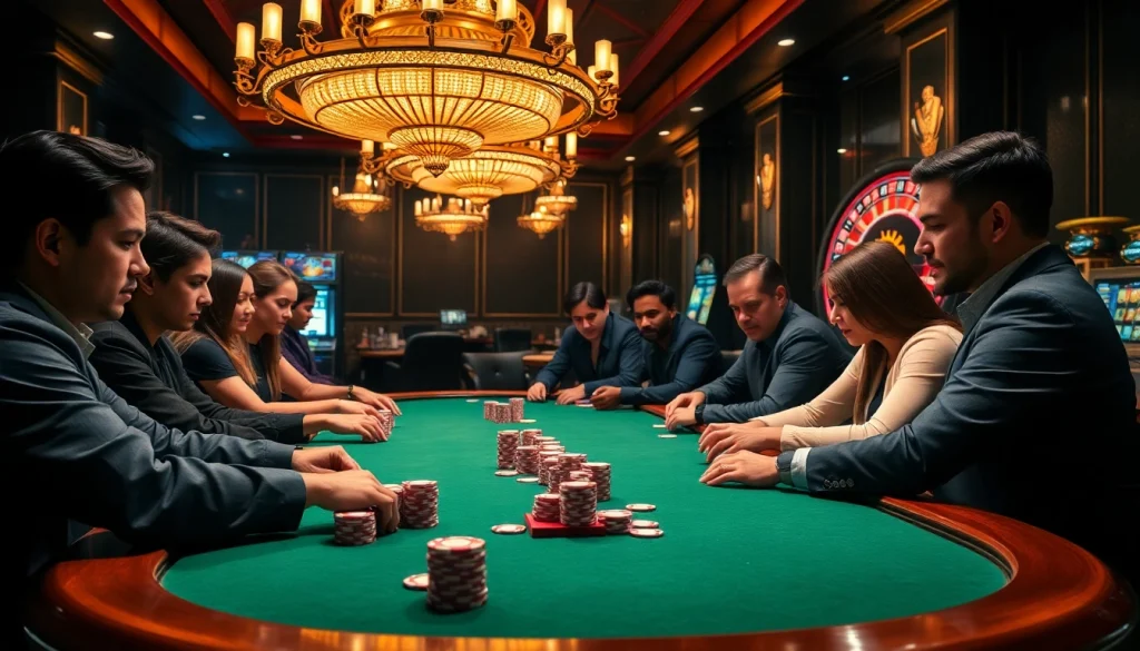 Scène captivante de jeu de poker dans une atmosphère de casino en ligne argent réel luxueuse avec des couleurs vibrantes.