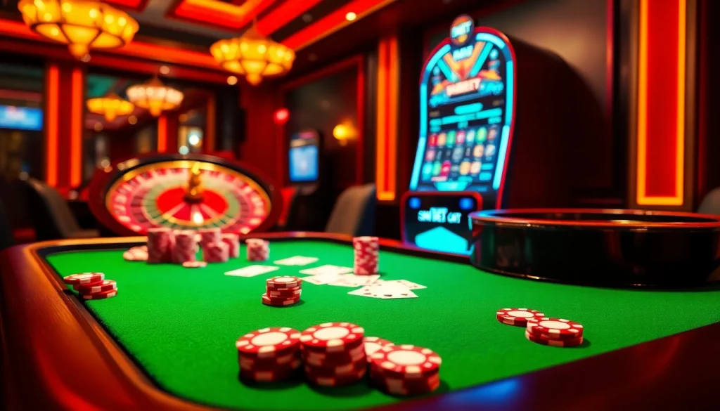 Experience the thrill of SHBET with vibrant casino elements like poker tables and roulette wheels.