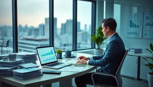 Usługi księgowe w nowoczesnym biurze rachunkowym, przedstawiające profesjonalnego księgowego w akcji.