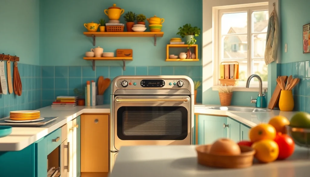 Cook delicious meals with the stylish Retro Oven set in a vibrant kitchen atmosphere.