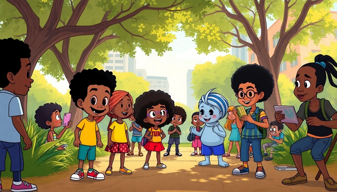 A diverse assembly of iconic African American cartoon characters enjoying a lively park scene, promoting representation in animation.
