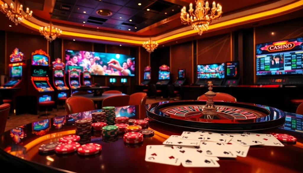 Vivez l'excitation des jeux d'argent réel avec des tables de casino vibrantes et des machines à sous dans cette scène de casino en ligne.