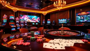 Vivez l'excitation des jeux d'argent réel avec des tables de casino vibrantes et des machines à sous dans cette scène de casino en ligne.