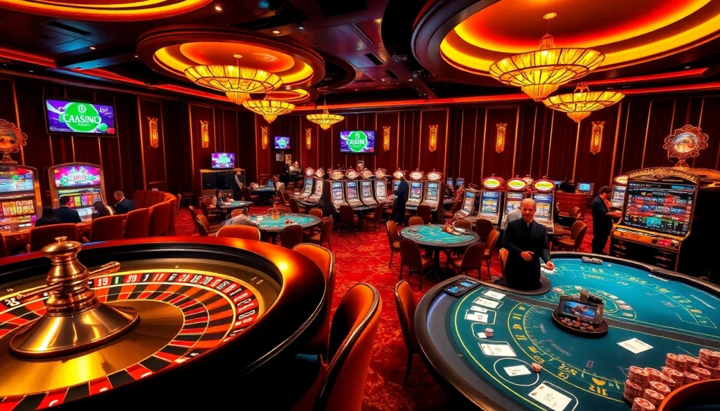 Atmosphère de haut risque dans un casino en ligne argent réel avec des machines à sous vibrantes et une roue de roulette.
