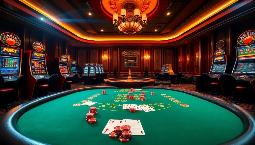 Scène captivante dans un casino en ligne argent réel avec des joueurs de poker et des machines à sous.