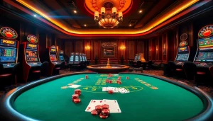 Scène captivante dans un casino en ligne argent réel avec des joueurs de poker et des machines à sous.