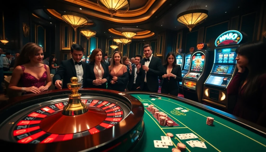 mm88 engaging casino scene showing players at roulette and blackjack tables, highlighting excitement.