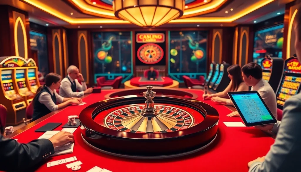 Scène captivante de casino en ligne argent réel avec une action de poker vibrante, une roue de roulette et une ambiance luxueuse.