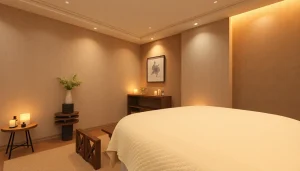 평화로운 분위기와 고급스러운 장식이 돋보이는 하남마사지의 편안한 스파 인테리어.