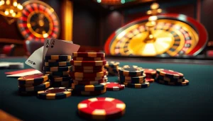Découvrez l'excitation du casino en ligne argent réel à une table de poker virtuelle haut de gamme, avec des jetons et des cartes vibrantes.