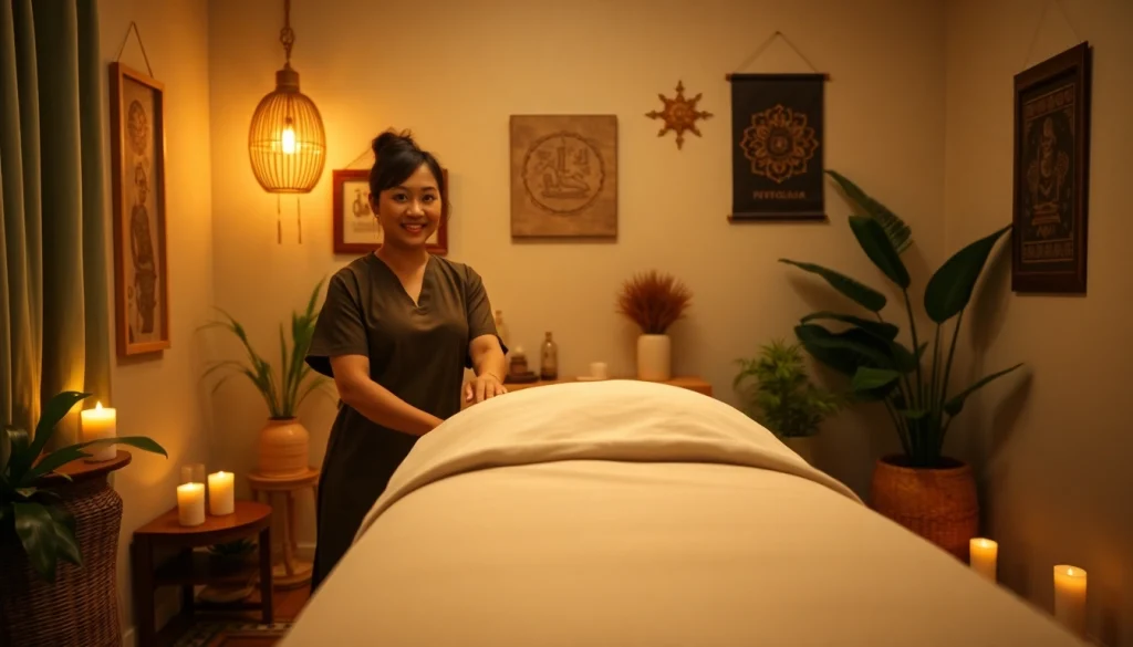 수원 출장 마사지 현장: 젊은 마사지 치료사가 아늑한 환경에서 차분한 타이 마사지를 제공하는 모습.
