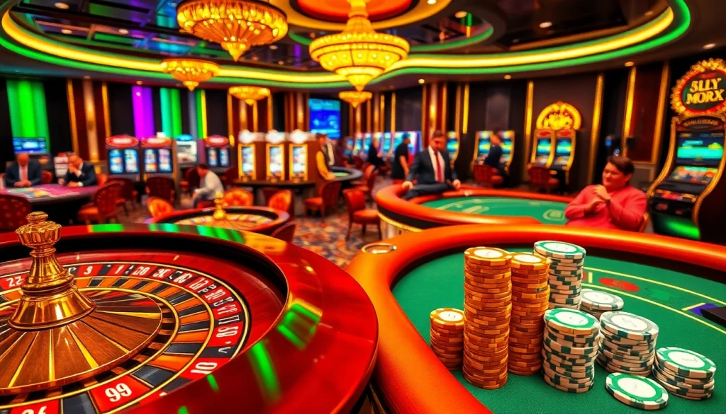Représentation visuelle d'une scène vibrante de casino en ligne argent réel avec des joueurs, une roulette et des machines à sous.