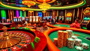 Représentation visuelle d'une scène vibrante de casino en ligne argent réel avec des joueurs, une roulette et des machines à sous.