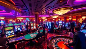 Joueurs de casino en ligne argent réel profitant d'activités palpitantes sur le sol de jeu.