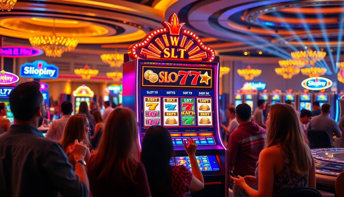 Mainkan Slot77 dengan suasana kasino yang meriah dan para pemain yang bersukacita.