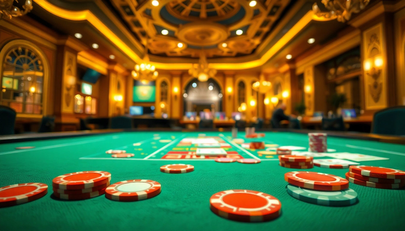 Permainan kasino bbni4d yang menarik dengan chip dan kartu berwarna-warni di meja.