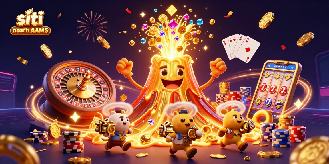 Scopri i siti casino non AAMS con un vulcano d'oro eruttante e animali esploratori che fuggono con tesori.