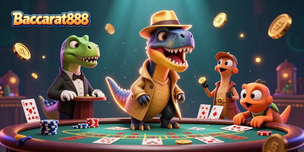 Baccarat888 features a cartoon velociraptor card counter at a baccarat table surrounded by dynamic game elements and vibrant visuals.