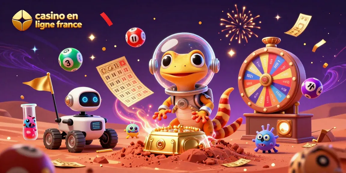 Explorez le casino en ligne France avec un gecko martien découvrant un casino doré entouré de bulles et confettis.