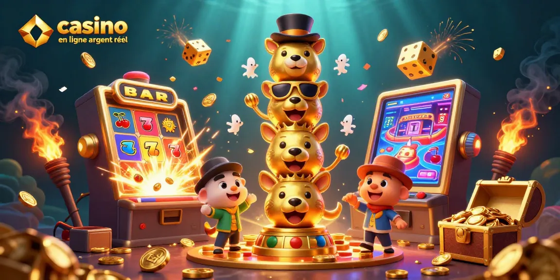 Visualisez le casino en ligne argent réel avec un totem coloré et des machines à sous explosant de pièces dorées.