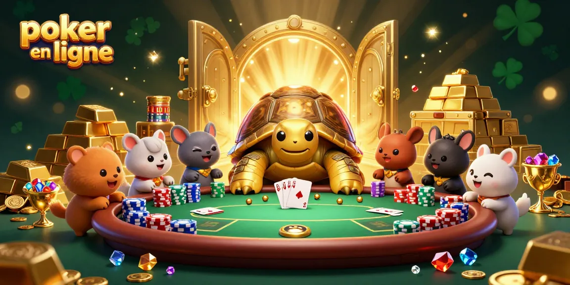 Jouez au poker en ligne avec enthousiasme autour d'une table animée pleine de jetons colorés.