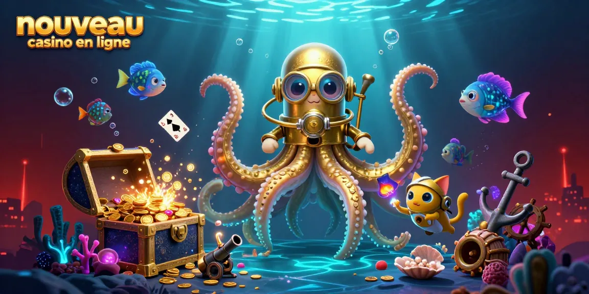 Découvrez le nouveau casino en ligne avec un kraken colossal entouré de trésors marins et un chat plongeur.