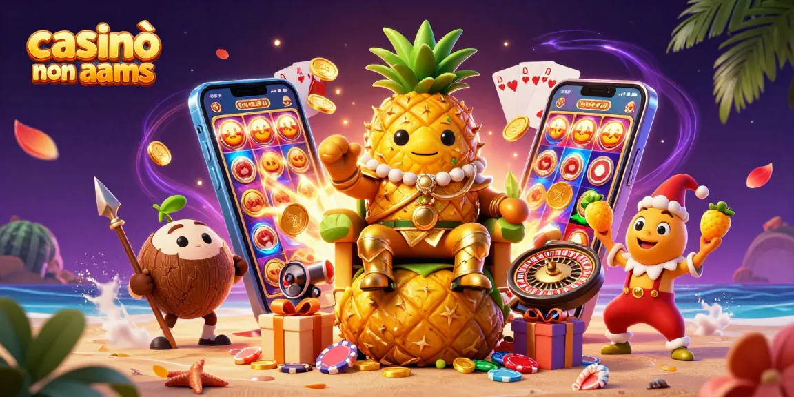 Gioca nei casinò non aams con il re ananas dorato e le sue guardie coconut, in un'illustrazione 3D colorata.