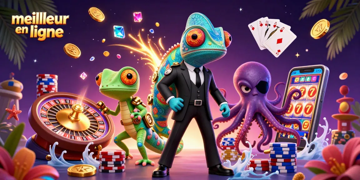 Illustration dynamique du meilleur casino en ligne avec un caméléon agent secret, un gecko brillant et une pieuvre, entourés de jetons et de pièces d'or.