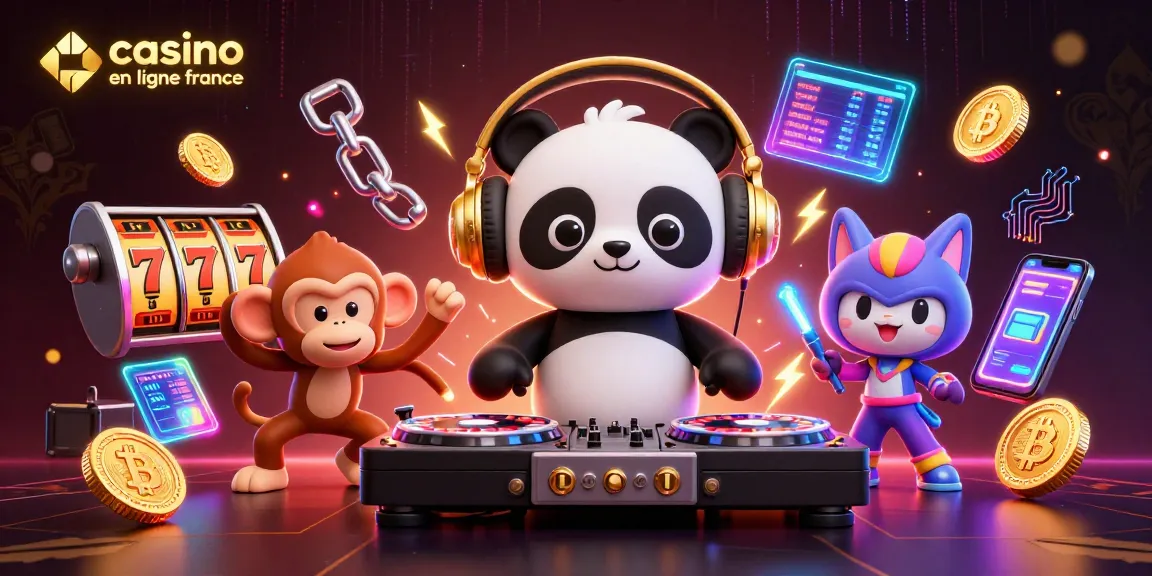 Jouez à des jeux au casino en ligne France avec un panda DJ et un singe danseur dans une scène animée.